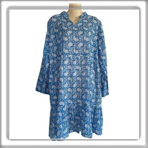 Holicow Cotton Paisley Tiered Sheer Dress Cover-Up Blue Long Sleeves Size Large